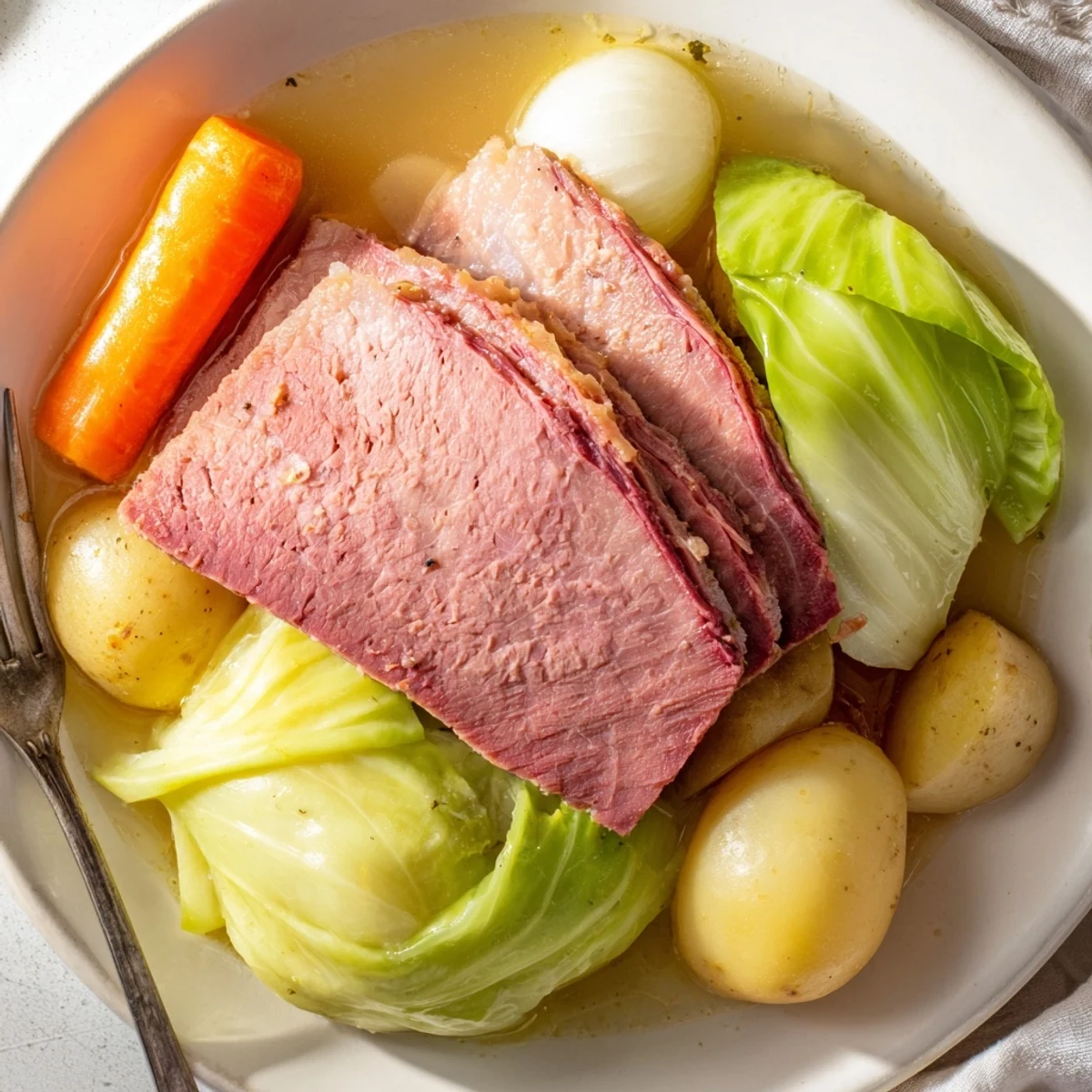 Tender slices of slow cooker corned beef served alongside buttered cabbage carrots and potatoes