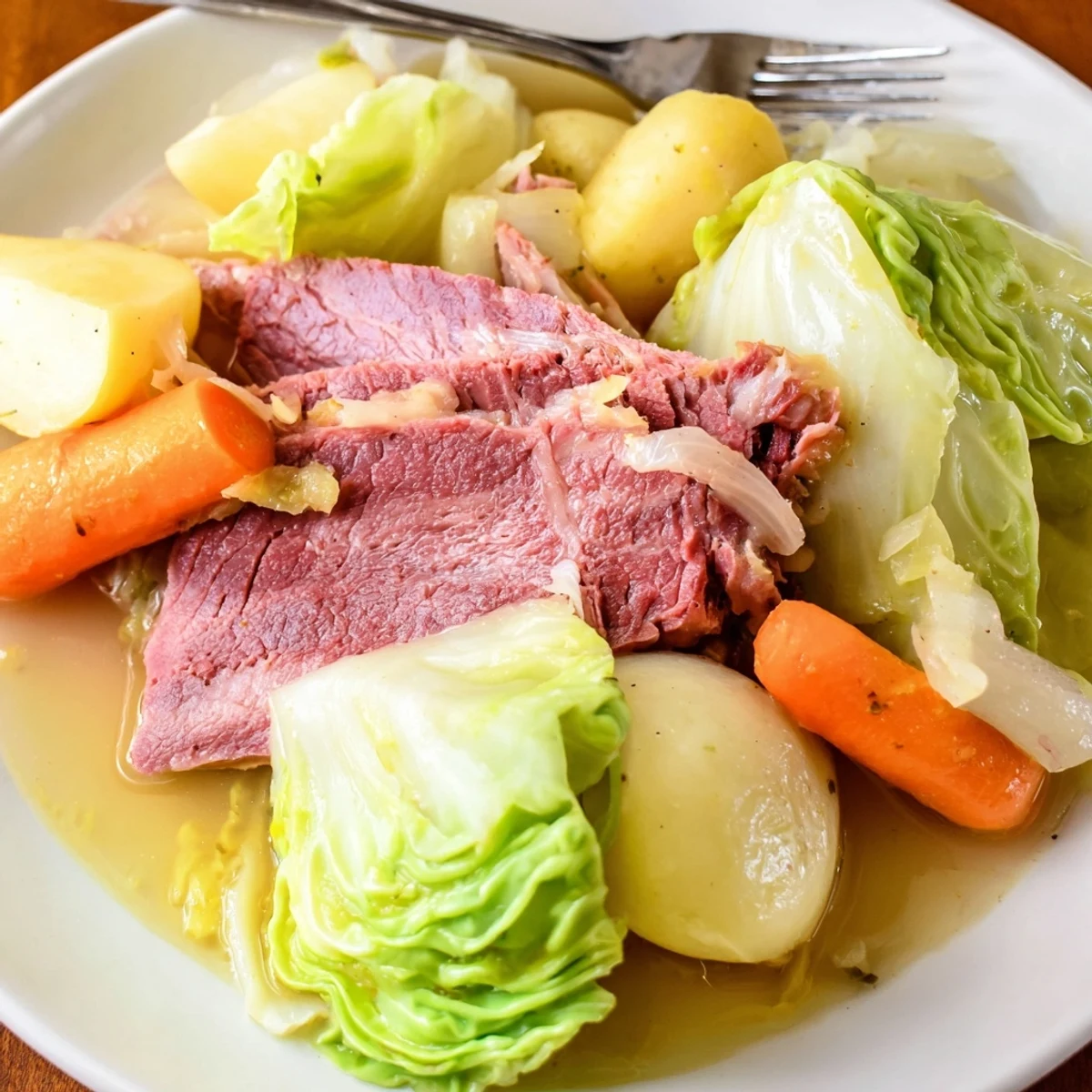 Steaming bowl of cozy slow cooker corned beef cabbage with fork-tender meat and colorful vegetables