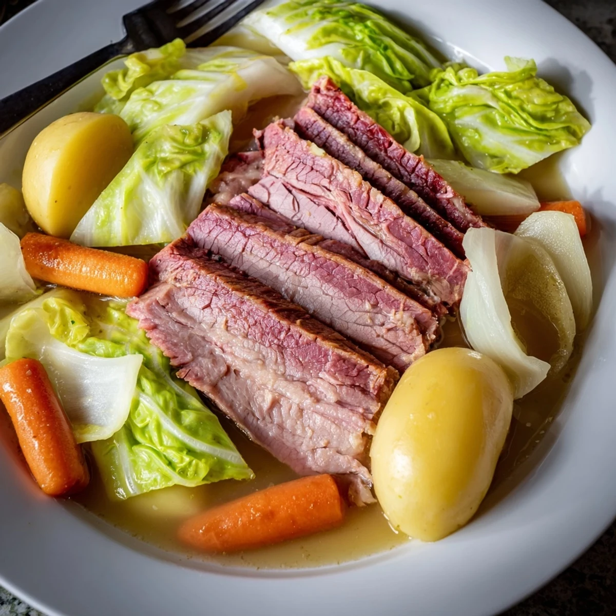 Golden slow cooker corned beef cabbage plated with hearty vegetables and rich beef broth