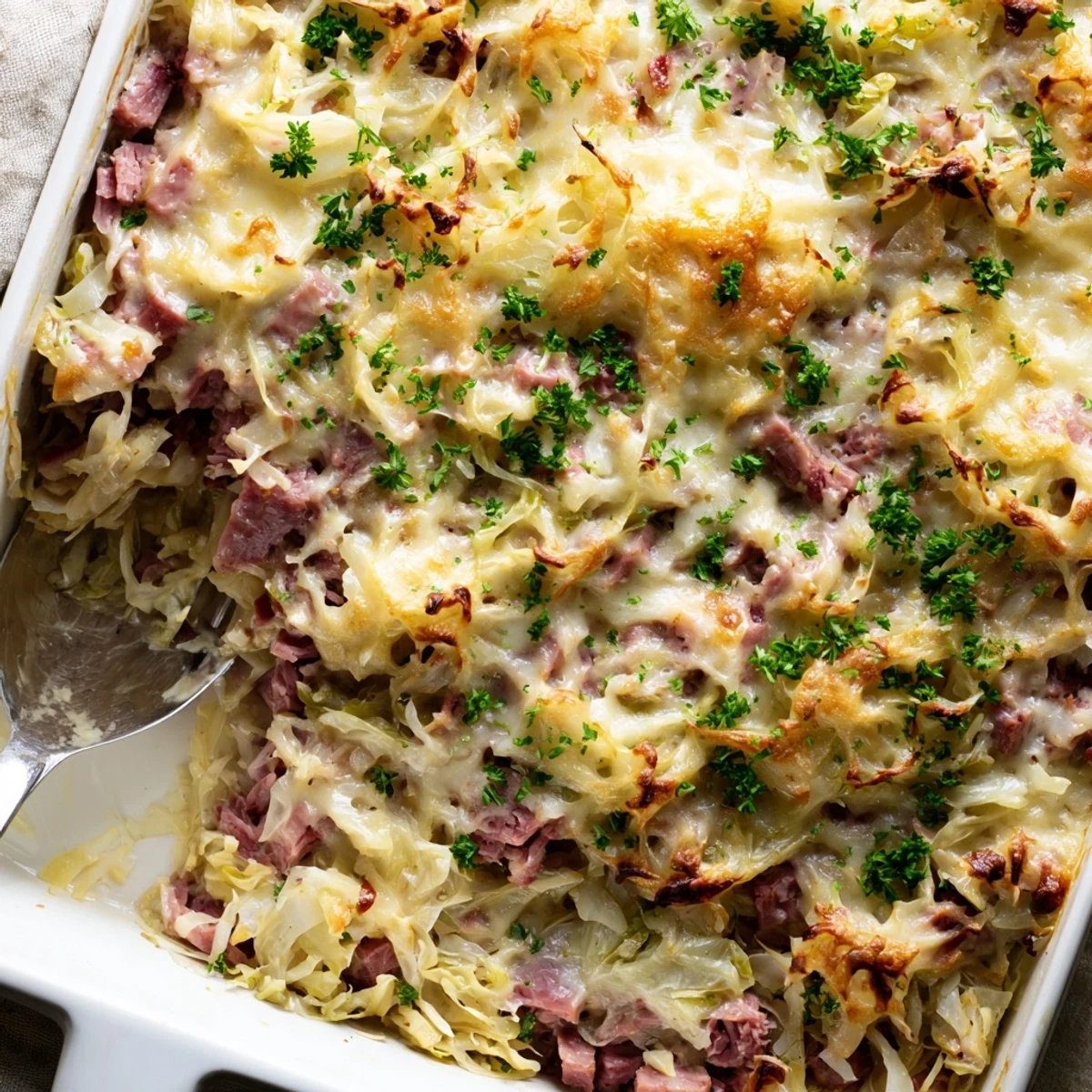 Golden bubbly corned beef cabbage parmesan bake fresh from oven with melted cheese topping