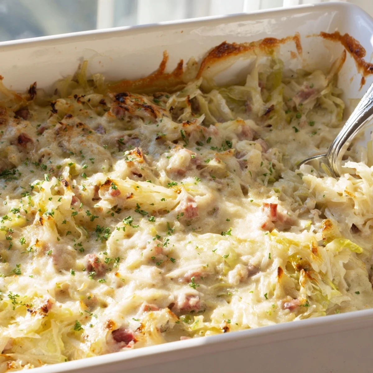 Creamy cabbage corned beef casserole served in a white baking dish with parsley garnish