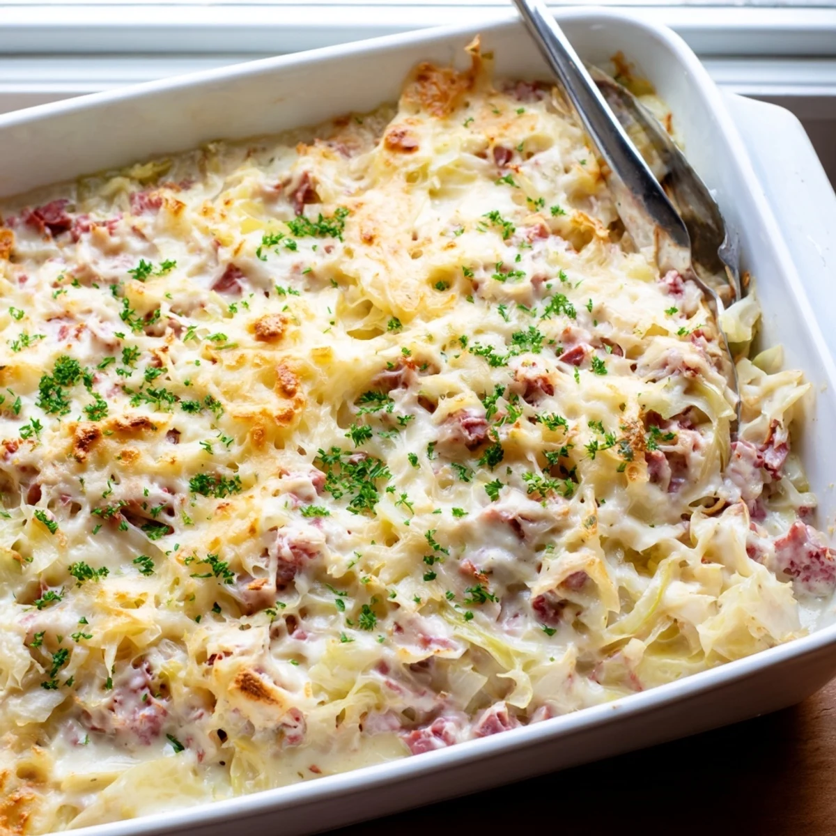 Hearty corned beef and cabbage bake with gooey mozzarella parmesan crust on a wooden table