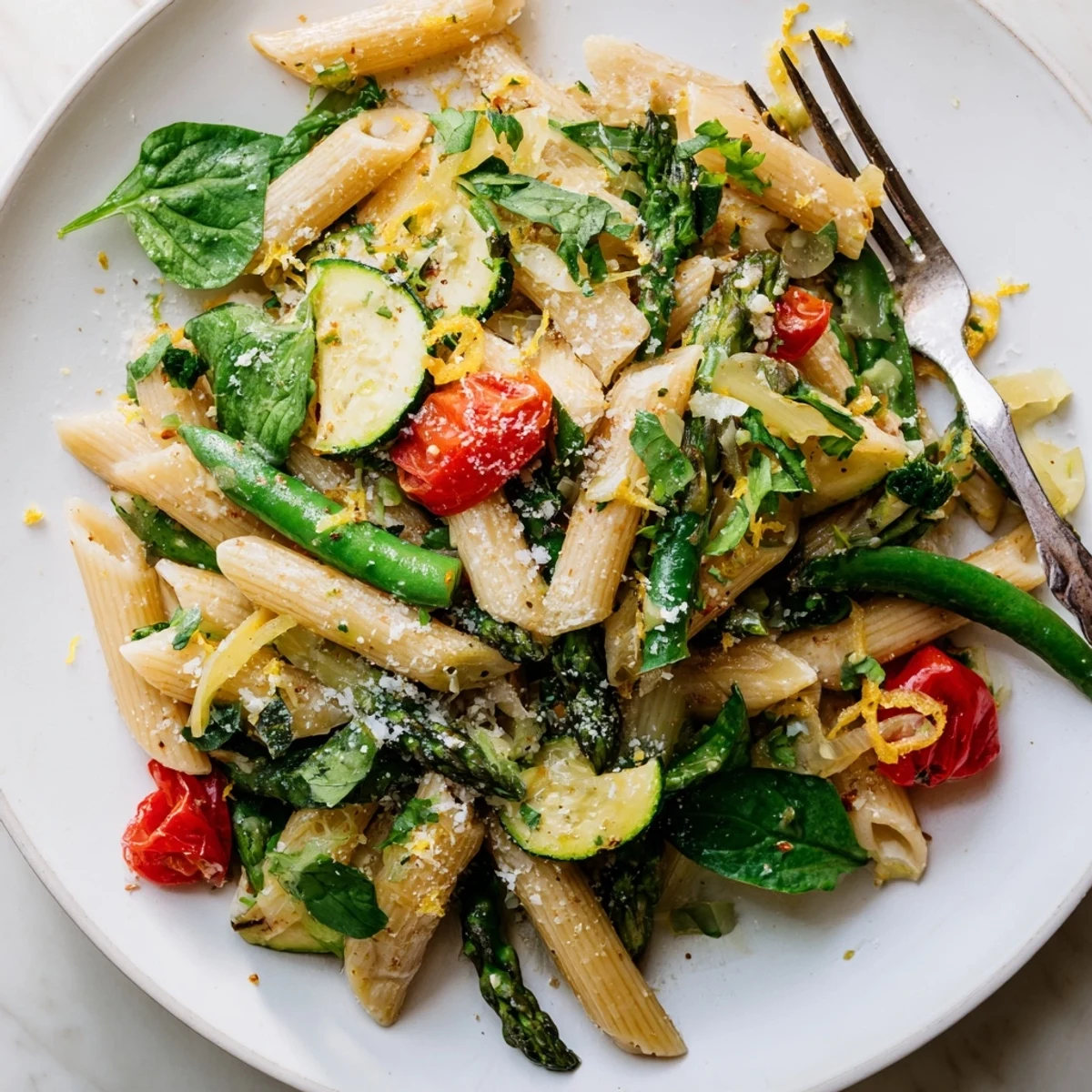 One pot spring vegetable pasta with tender asparagus, snap peas, and zucchini in a savory broth