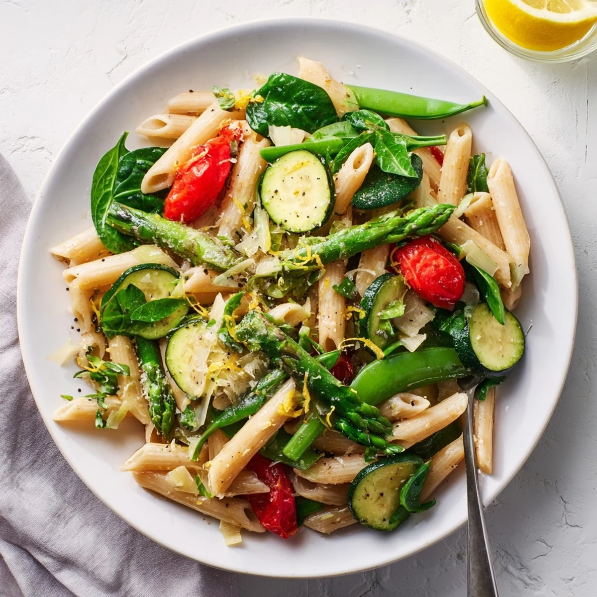 Creamy one pot spring vegetable pasta garnished with fresh basil, lemon zest, and grated Parmesan cheese