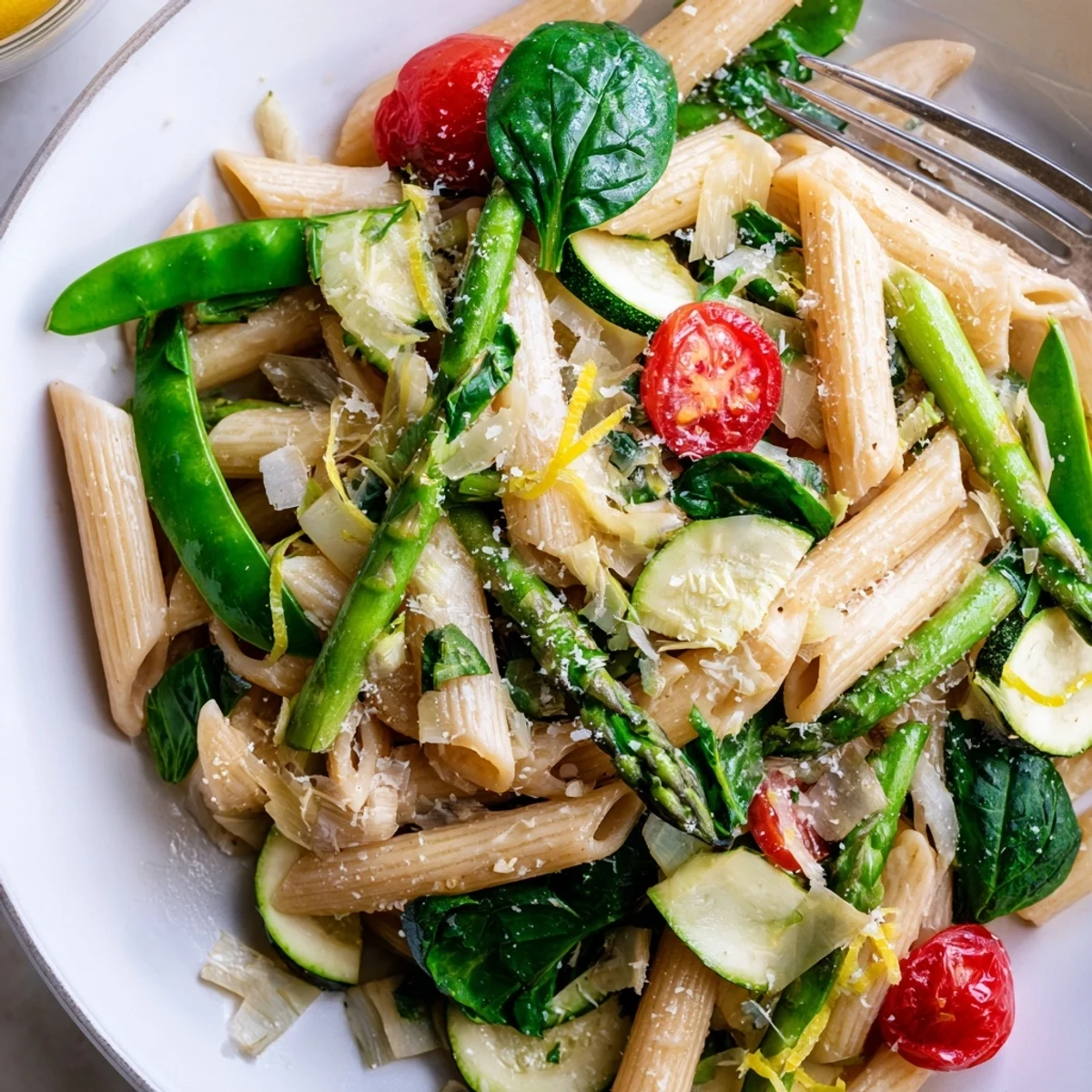 Vibrant one pot spring vegetable pasta featuring colorful cherry tomatoes and spinach in a single skillet