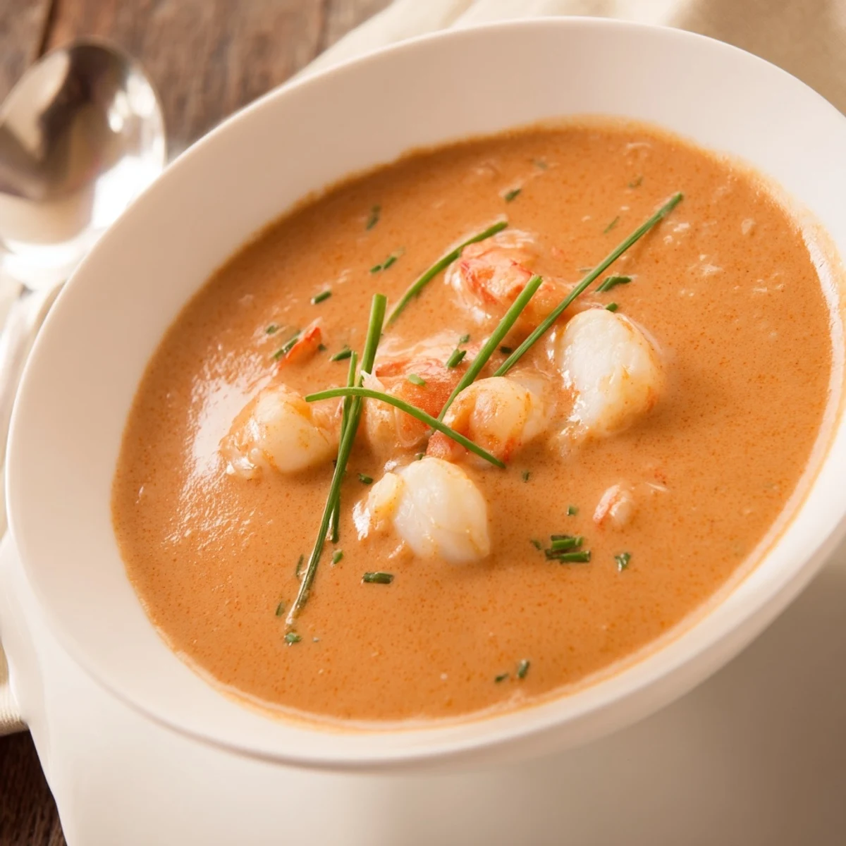 Steaming hot seafood bisque featuring lump crab, tender shrimp, and scallops in rich broth