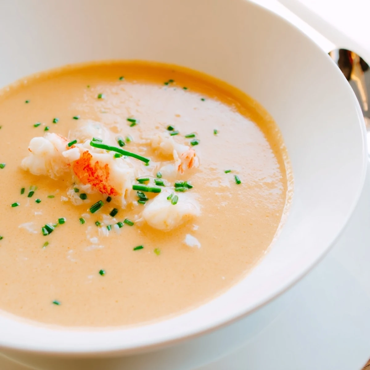Creamy seafood bisque garnished with fresh chives and served in a white bowl