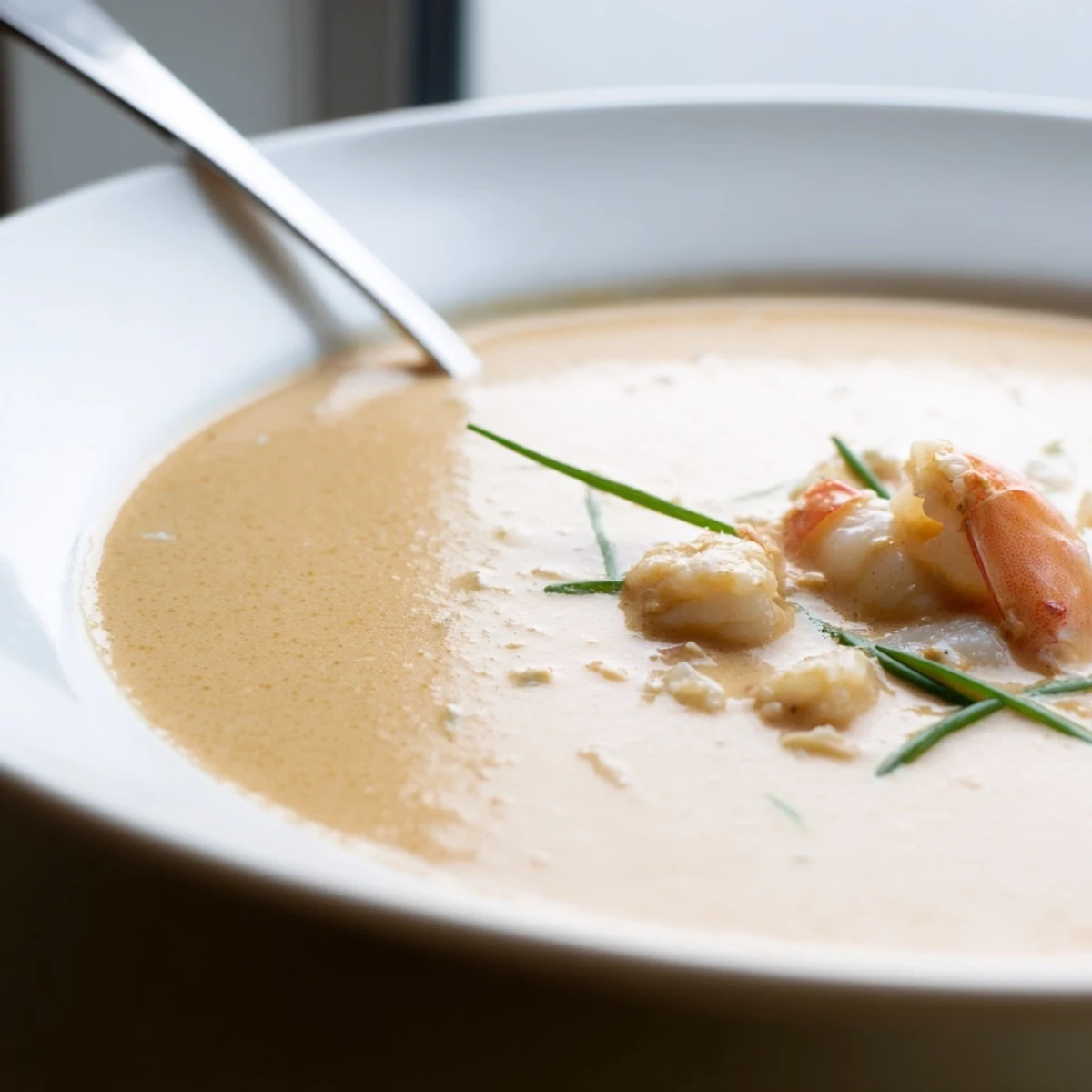 Elegant seafood bisque soup plated with chopped herbs and crusty French bread on side