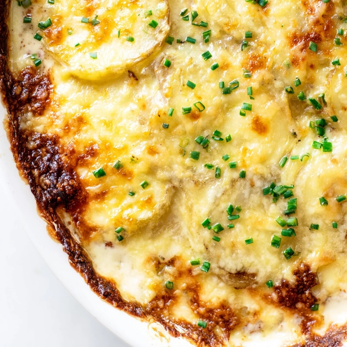 Golden brown potatoes au gratin with melted Gruyère cheese bubbling in a rich cream sauce