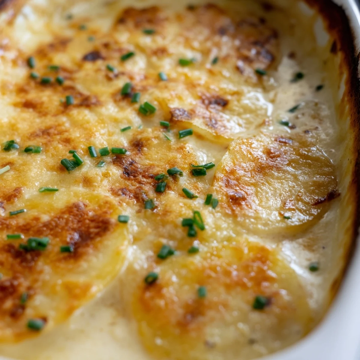 Classic French-style potatoes au gratin topped with browned Gruyère and fresh chives for serving