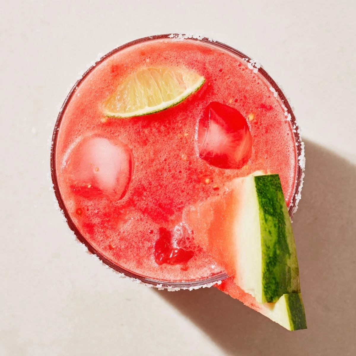 Refreshing watermelon margarita mocktail poured over ice cubes topped with watermelon slice and lime wheel garnish