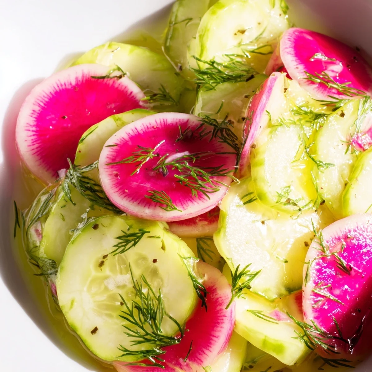 Fresh radish and cucumber salad featuring crisp vegetables coated in tangy lemon olive oil dressing
