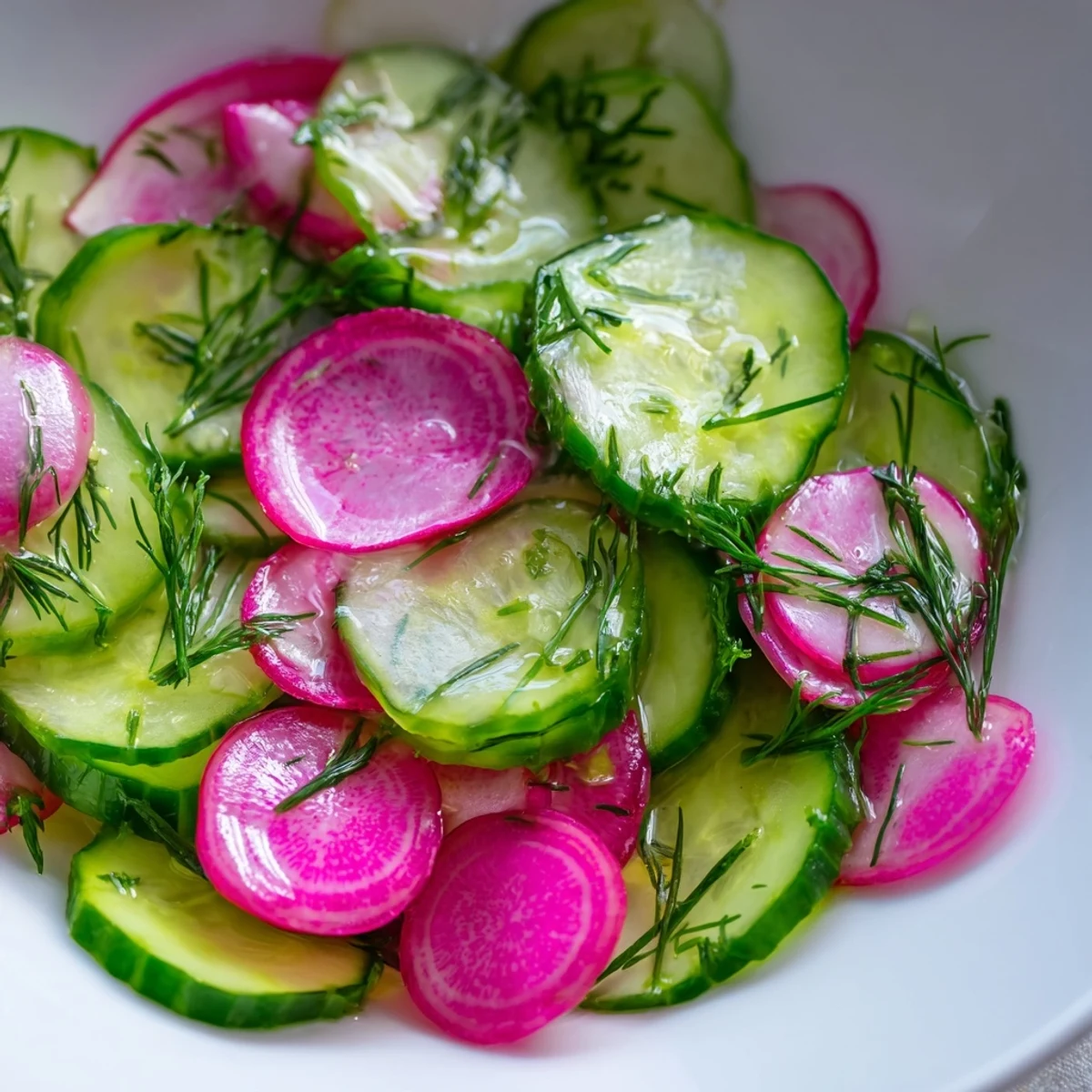 Colorful bowl of radish and cucumber salad garnished with fresh dill and green onions