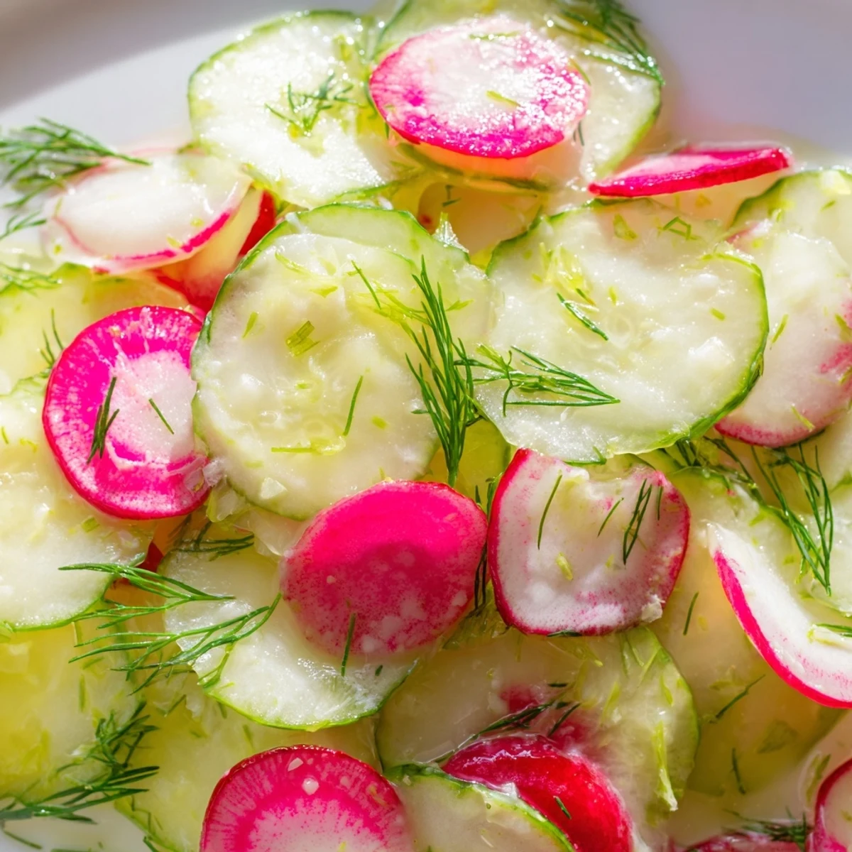 Light radish and cucumber salad with thinly sliced vegetables and zesty mustard vinaigrette