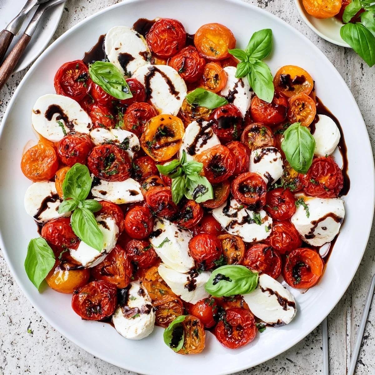 Colorful platter featuring caramelized tomatoes alongside creamy mozzarella slices and fragrant basil in this vibrant roasted tomato Caprese salad