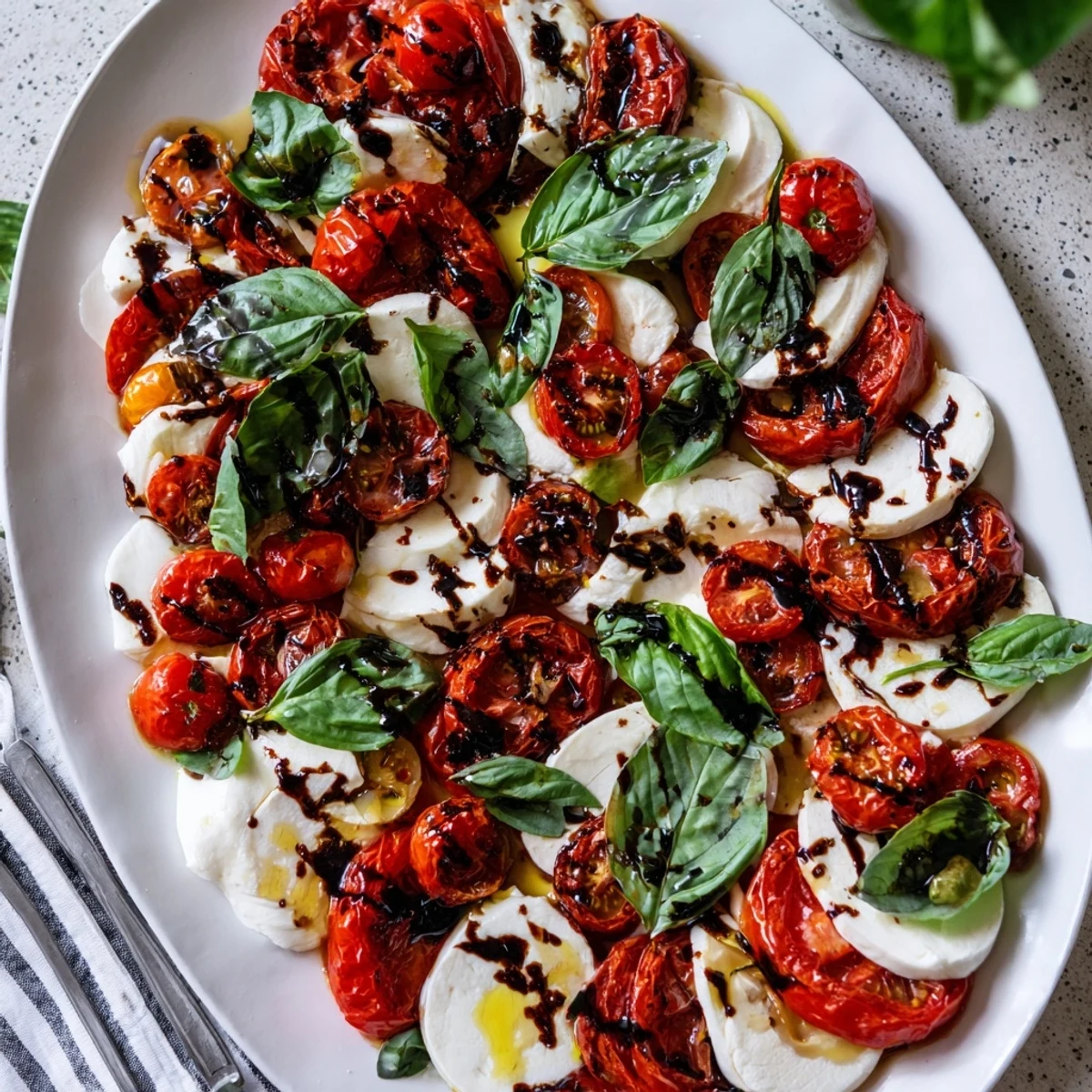 Golden roasted cherry tomatoes layered with fresh mozzarella and basil drizzled with balsamic glaze for this roasted tomato Caprese salad