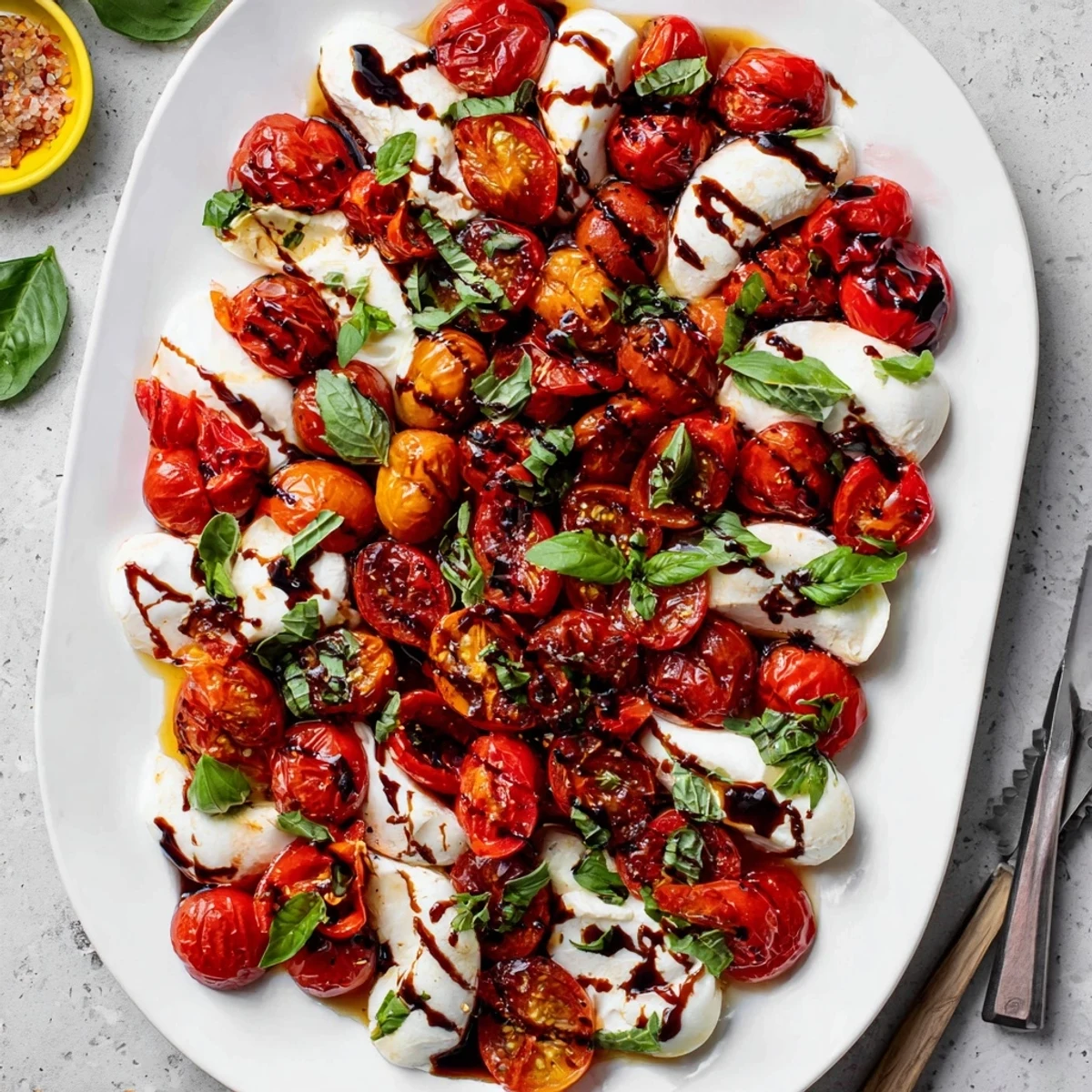 Serving dish of warm roasted tomatoes paired with cool fresh mozzarella and basil leaves finished with balsamic drizzle in this roasted tomato Caprese salad