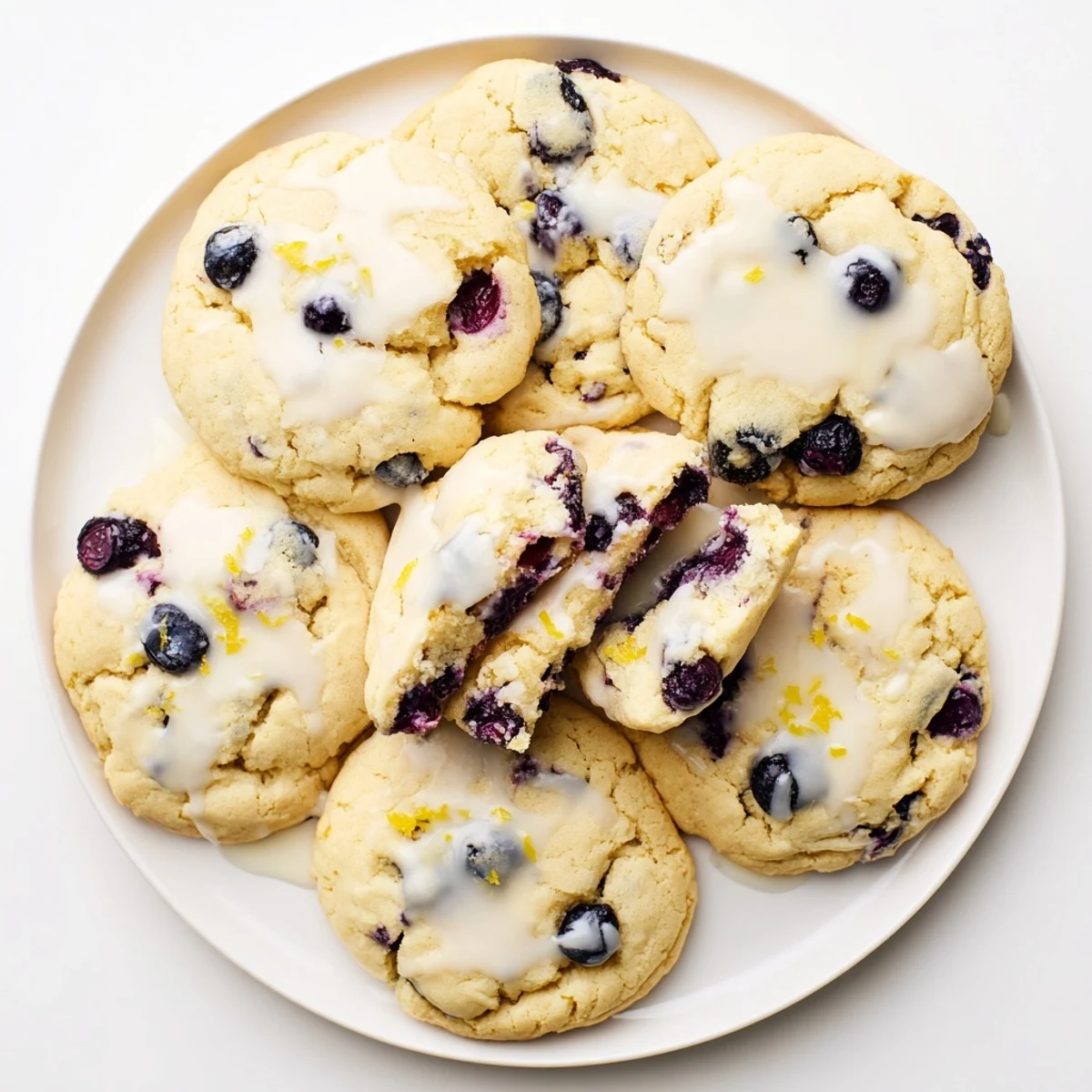 Soft stuffed cookie revealing creamy cheesecake center and plump blueberries on white plate