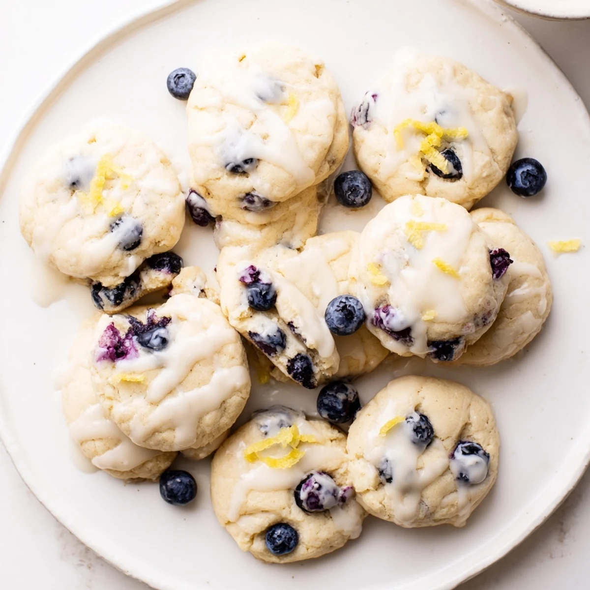 Golden lemon blueberry cheesecake cookies drizzled with white glaze on a cooling rack