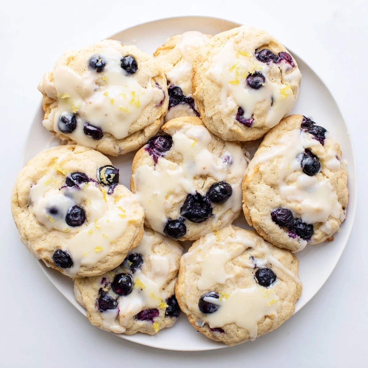 Freshly baked lemon blueberry cheesecake cookies with golden edges and visible fruit chunks