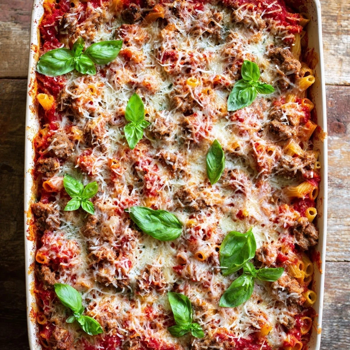 Golden slow cooker baked ziti with bubbling mozzarella cheese and savory Italian sausage layers