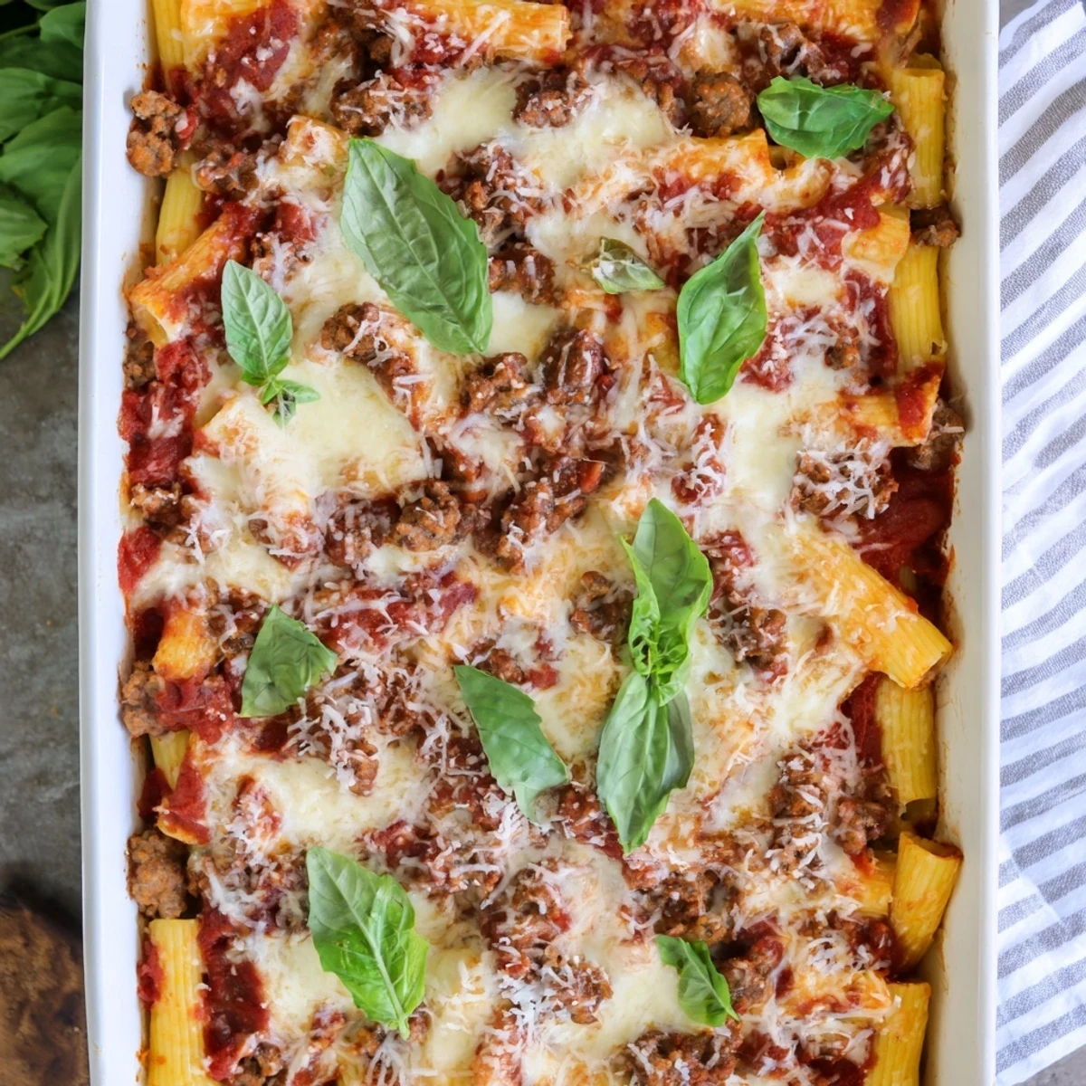 Creamy baked ziti pasta topped with melted mozzarella and fresh basil garnish