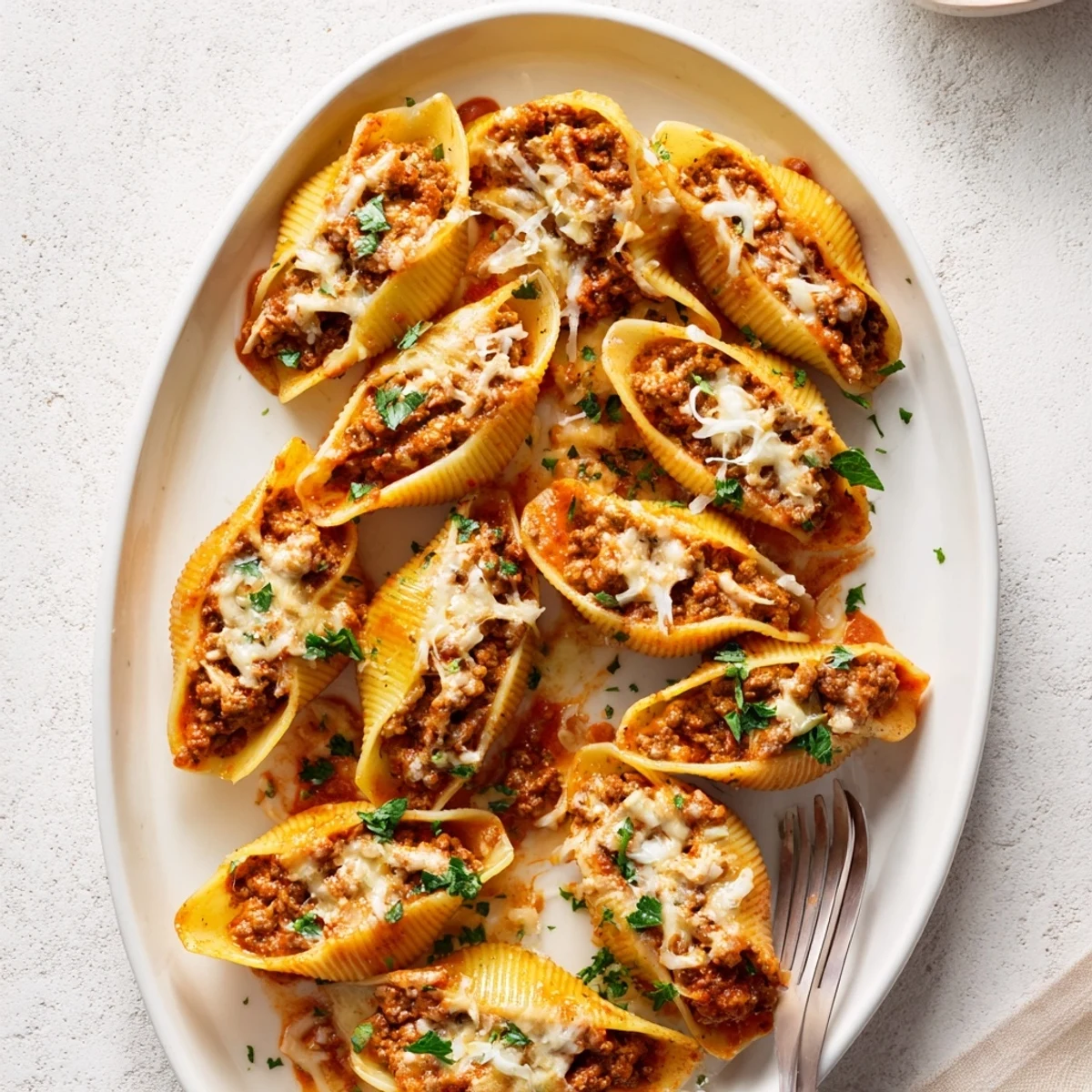 Golden melted mozzarella tops jumbo pasta shells stuffed with beef and creamy ricotta filling in a baking dish