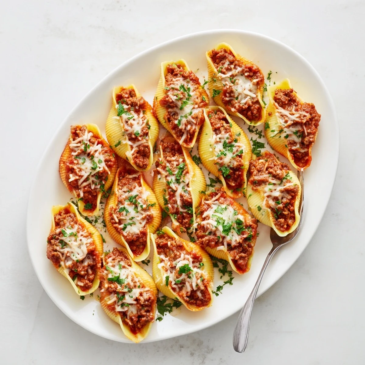 Tender stuffed shells bake in rich tomato cream sauce with bubbling cheese and savory ground beef