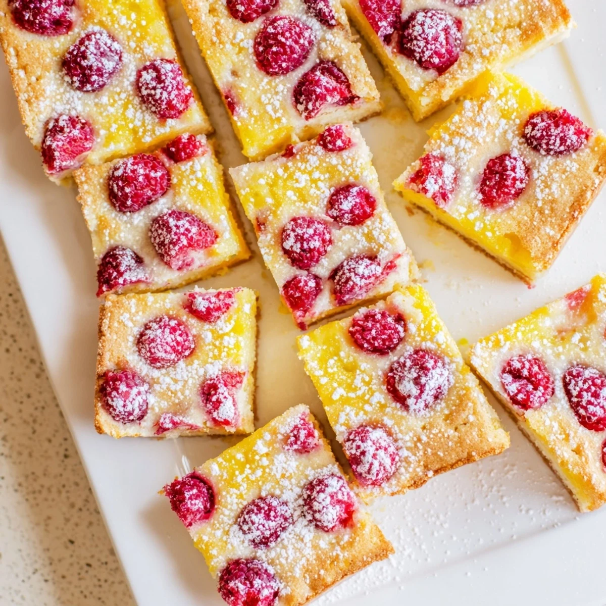 Golden lemon raspberry bars featuring buttery shortbread crust topped with vibrant red berry filling and dusted powdered sugar