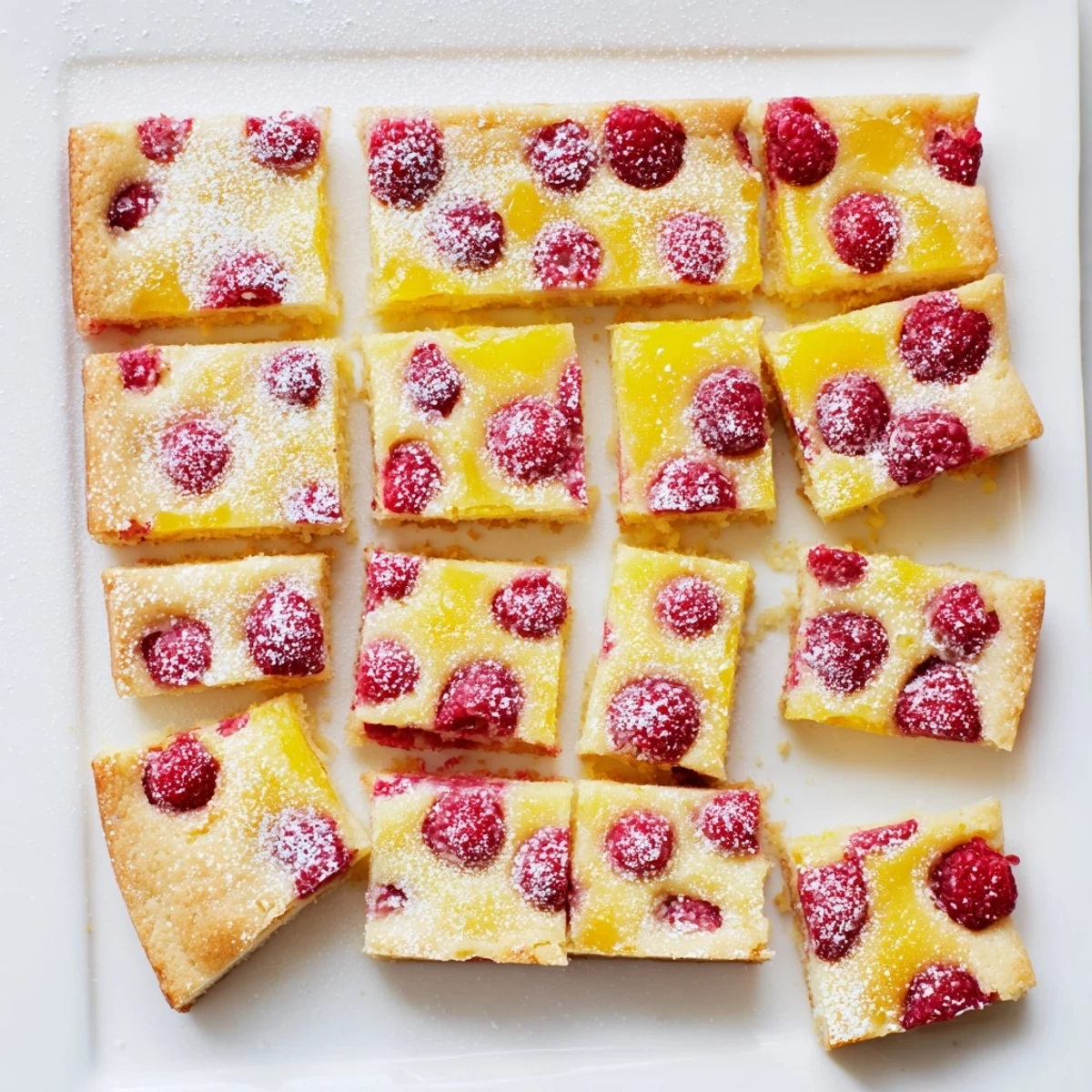 Homemade lemon raspberry bars cut into neat squares showcasing bright red fruit nestled in tangy lemon curd on golden crust
