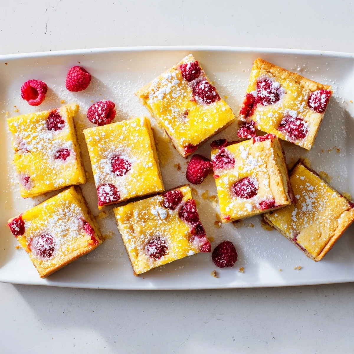Fresh baked lemon raspberry bars with luscious red berry swirls atop buttery golden shortbread base sprinkled with white powdered sugar