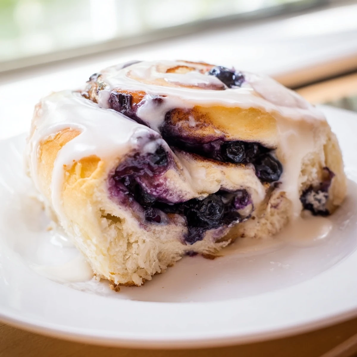 Soft lemon blueberry rolls drizzled with tangy glaze on a white serving plate