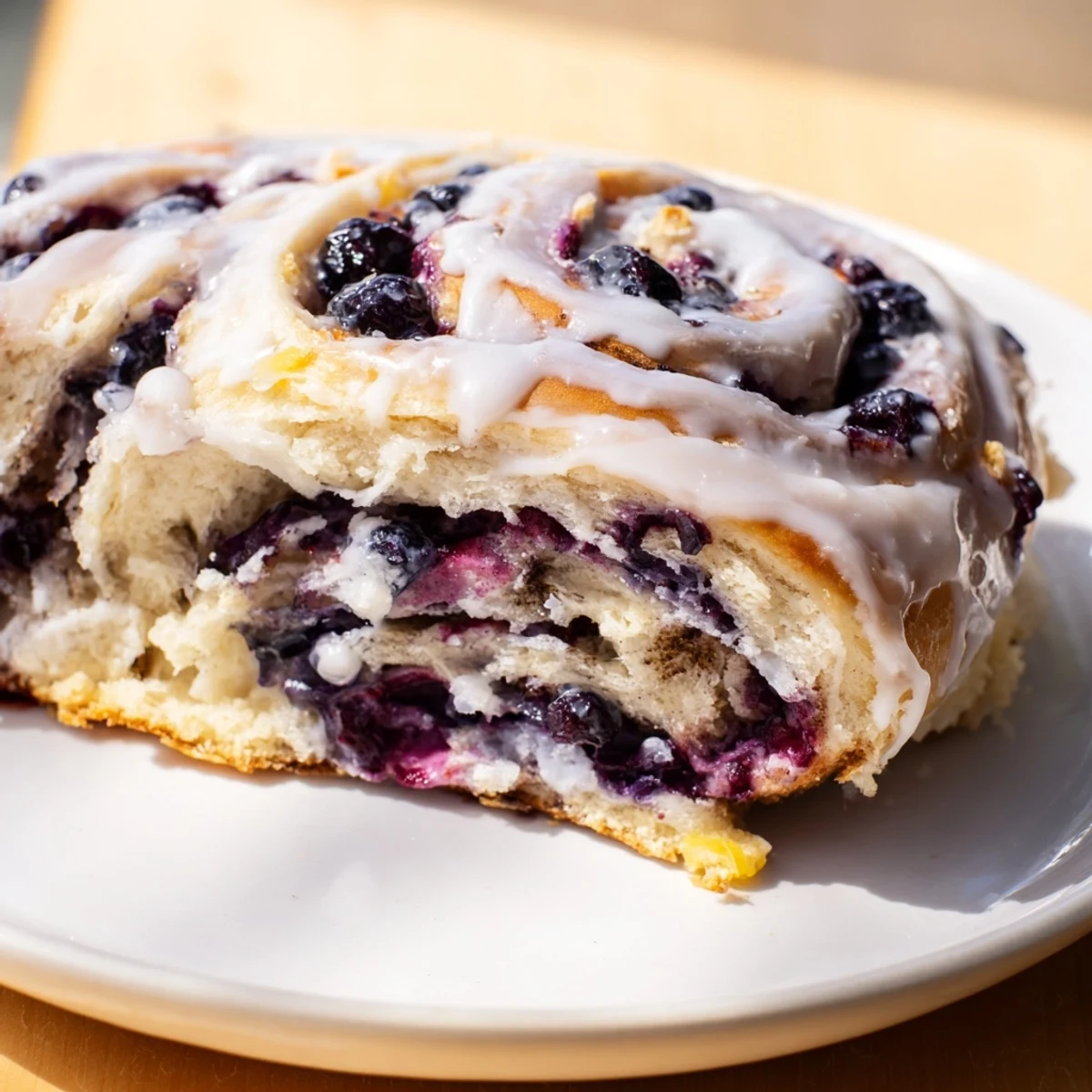 Freshly glazed lemon blueberry rolls sliced open revealing purple berry swirls inside