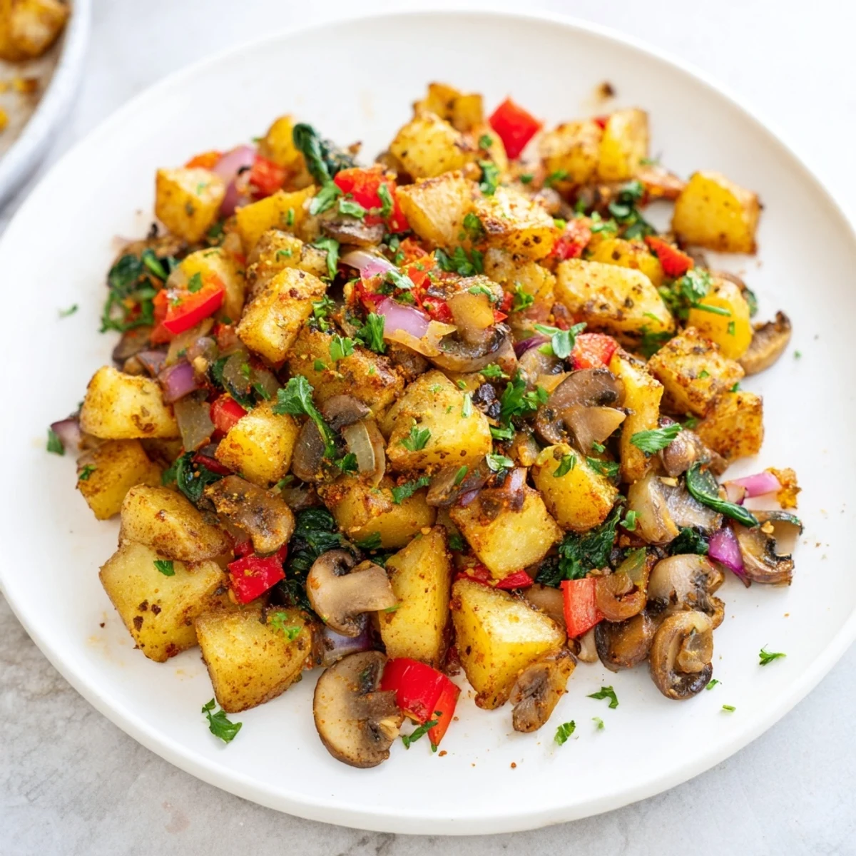Hearty vegan breakfast hash featuring diced potatoes, mushrooms, and aromatic spices garnished with fresh herbs
