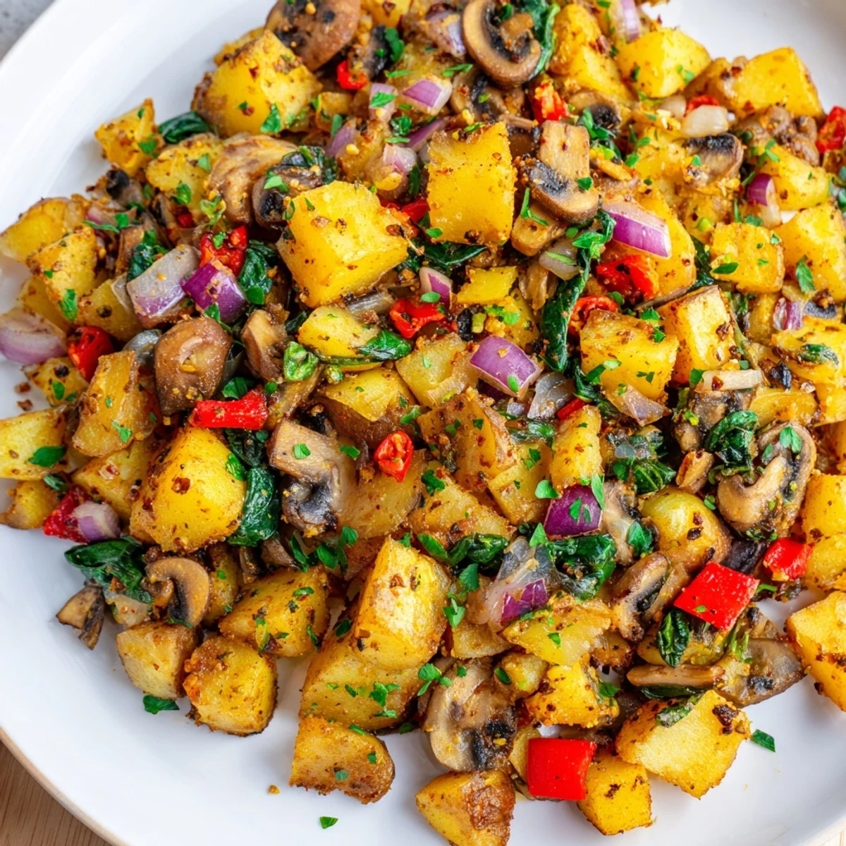 Golden crispy vegan breakfast hash with colorful bell peppers, onions, and spinach in a skillet