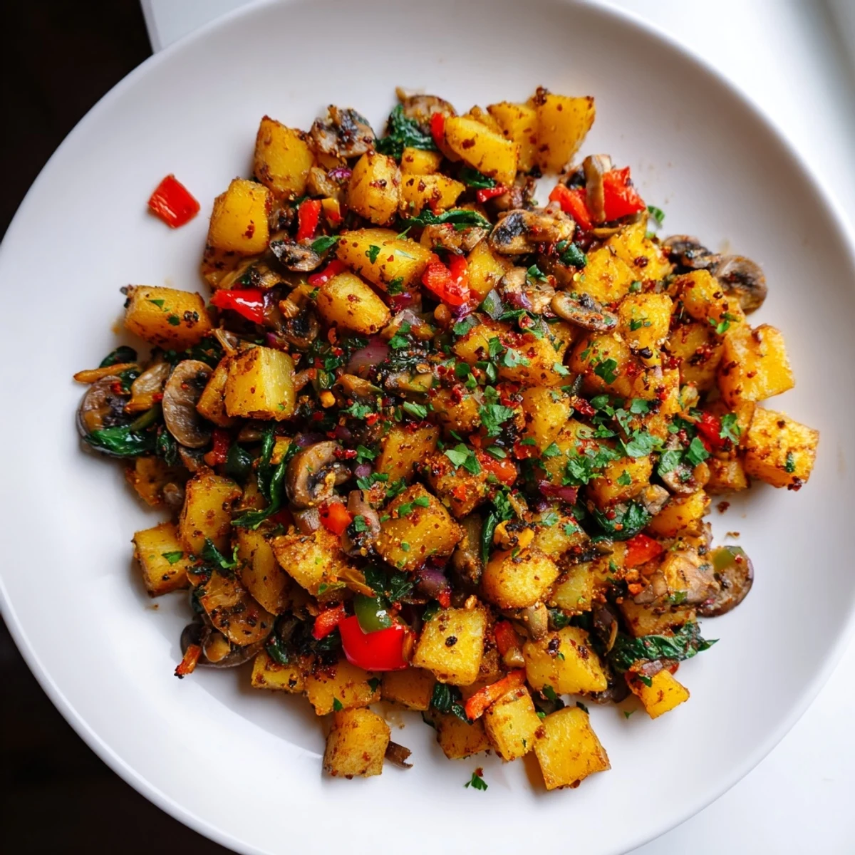 Sizzling skillet of flavorful vegan breakfast hash loaded with vegetables and served with hot sauce