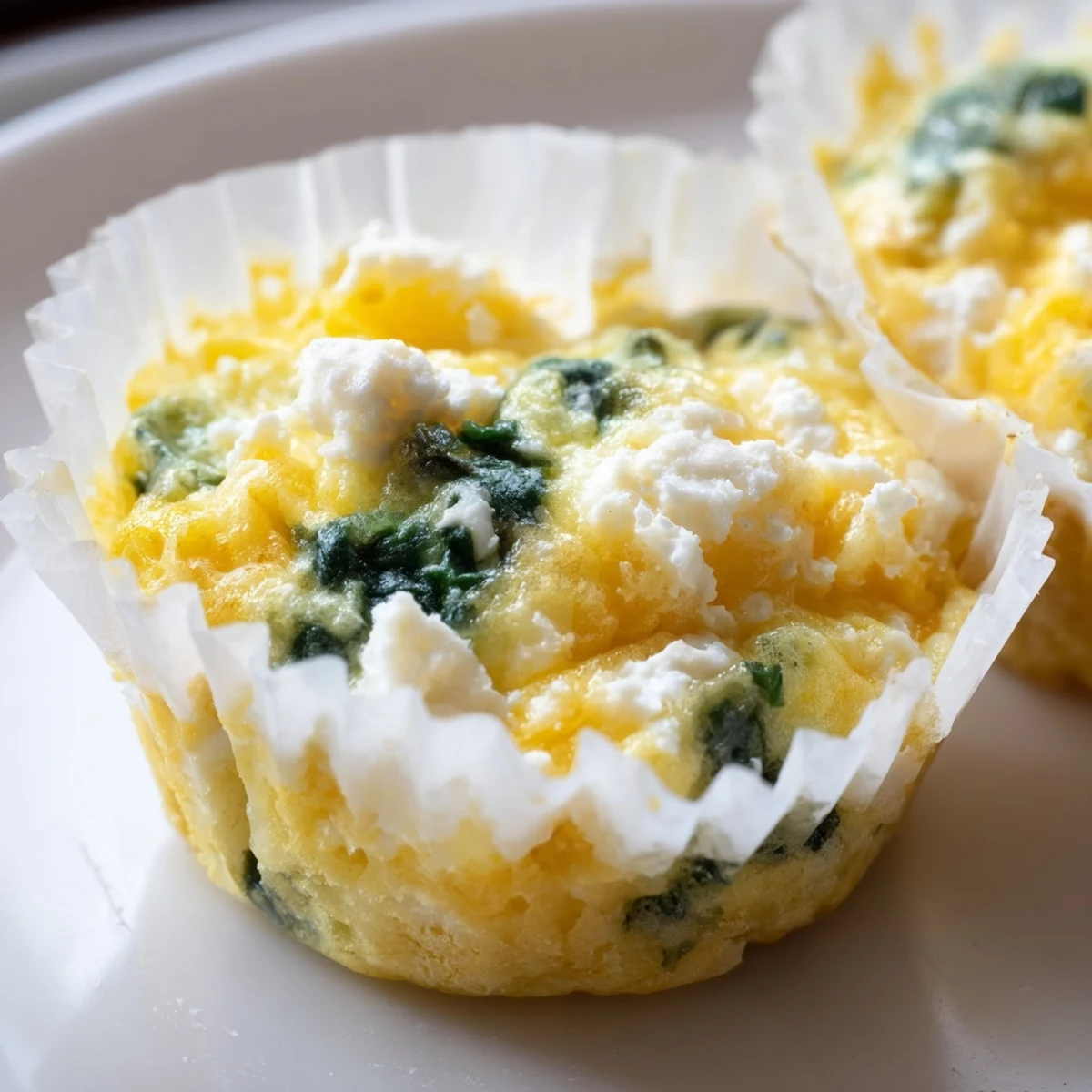 Golden baked egg muffins with spinach and feta cooling in a muffin tin