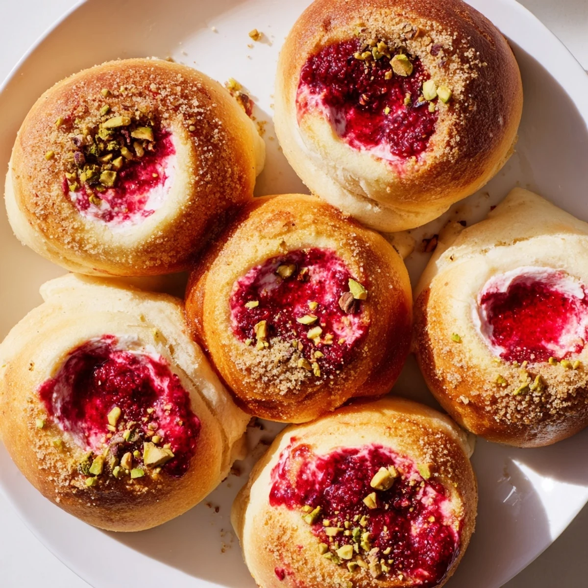 Golden raspberry and rose cheesecake buns with rose petal garnish on white plate
