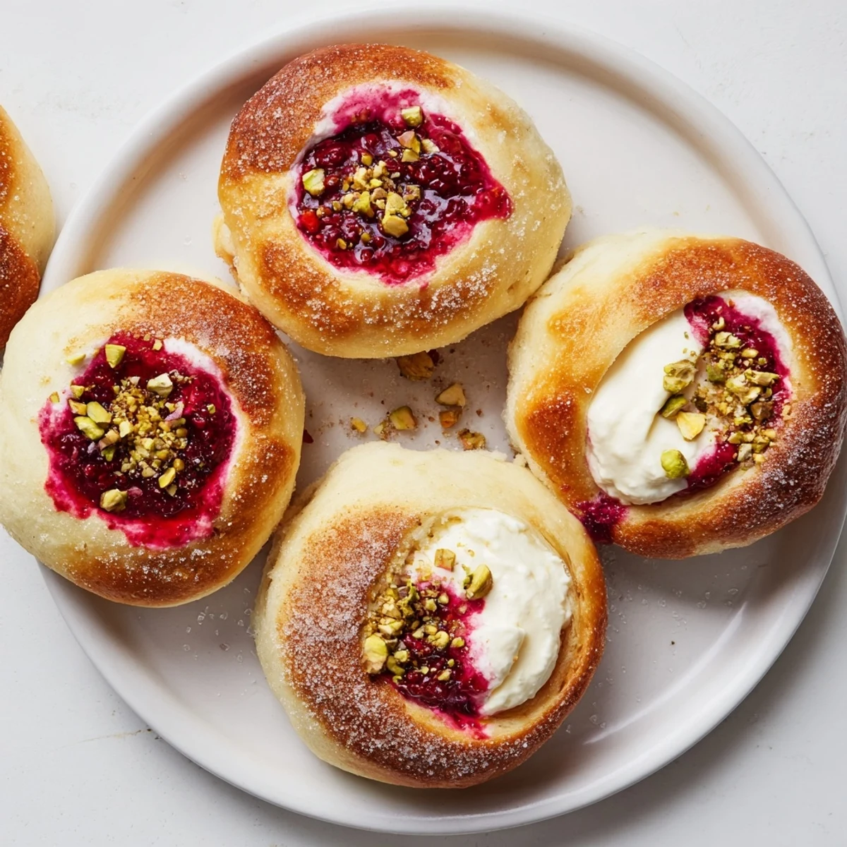 Soft fluffy buns filled with rose-scented cream cheese and bright red raspberry compote