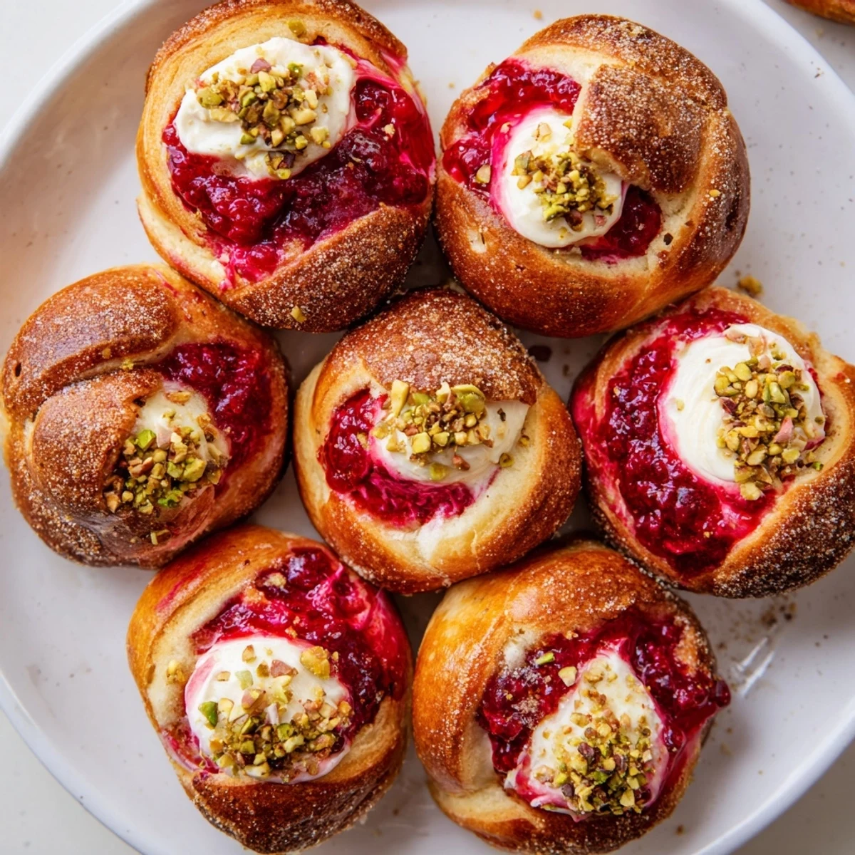 Freshly baked sweet buns oozing creamy cheesecake filling and tangy raspberry rose swirls