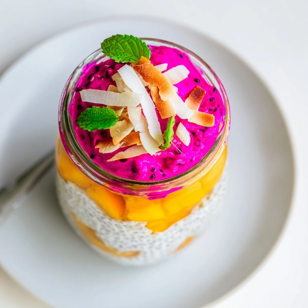 Glass jar of layered mango and dragon fruit chia pudding topped with fresh mint