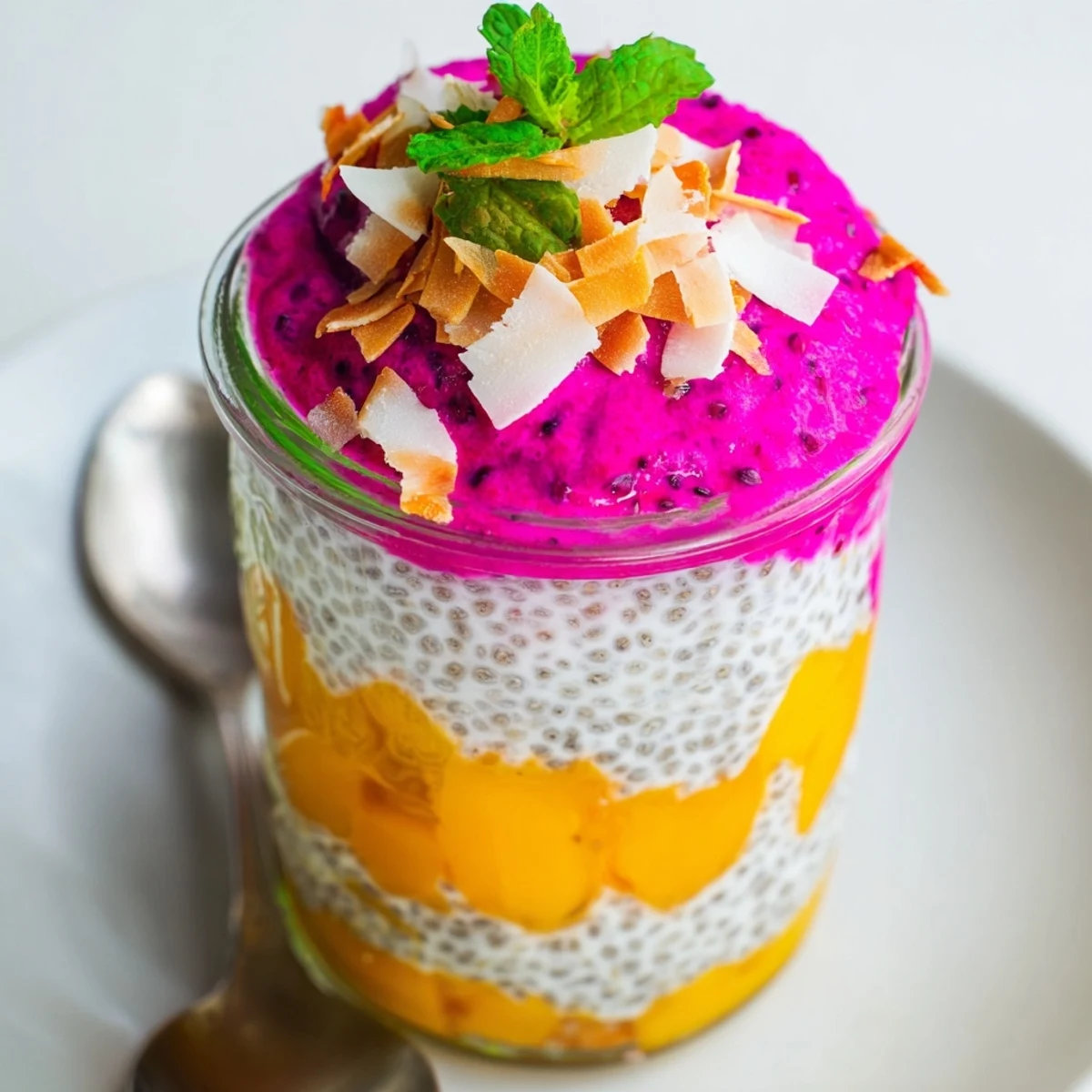 Vegan mango and dragon fruit chia pudding parfait with toasted coconut flakes garnish