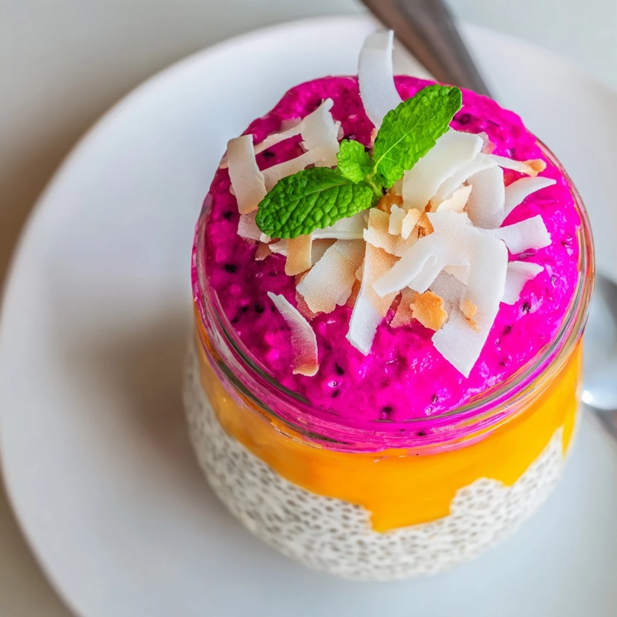Tropical breakfast bowl with creamy coconut chia pudding, bright mango, and pink dragon fruit