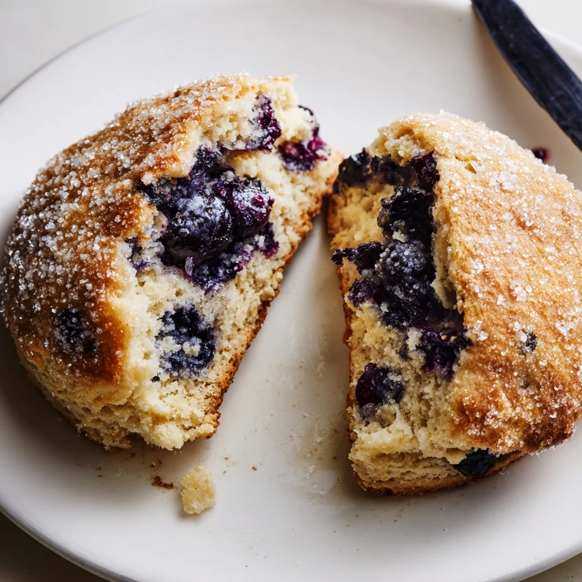 Freshly baked blueberry biscuits with golden crusts and juicy berry pockets, scattered on a rustic wooden board