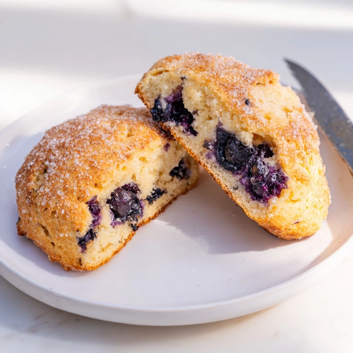 Warm blueberry biscuits cooling on a wire rack, their crumbly tops sprinkled with coarse sugar