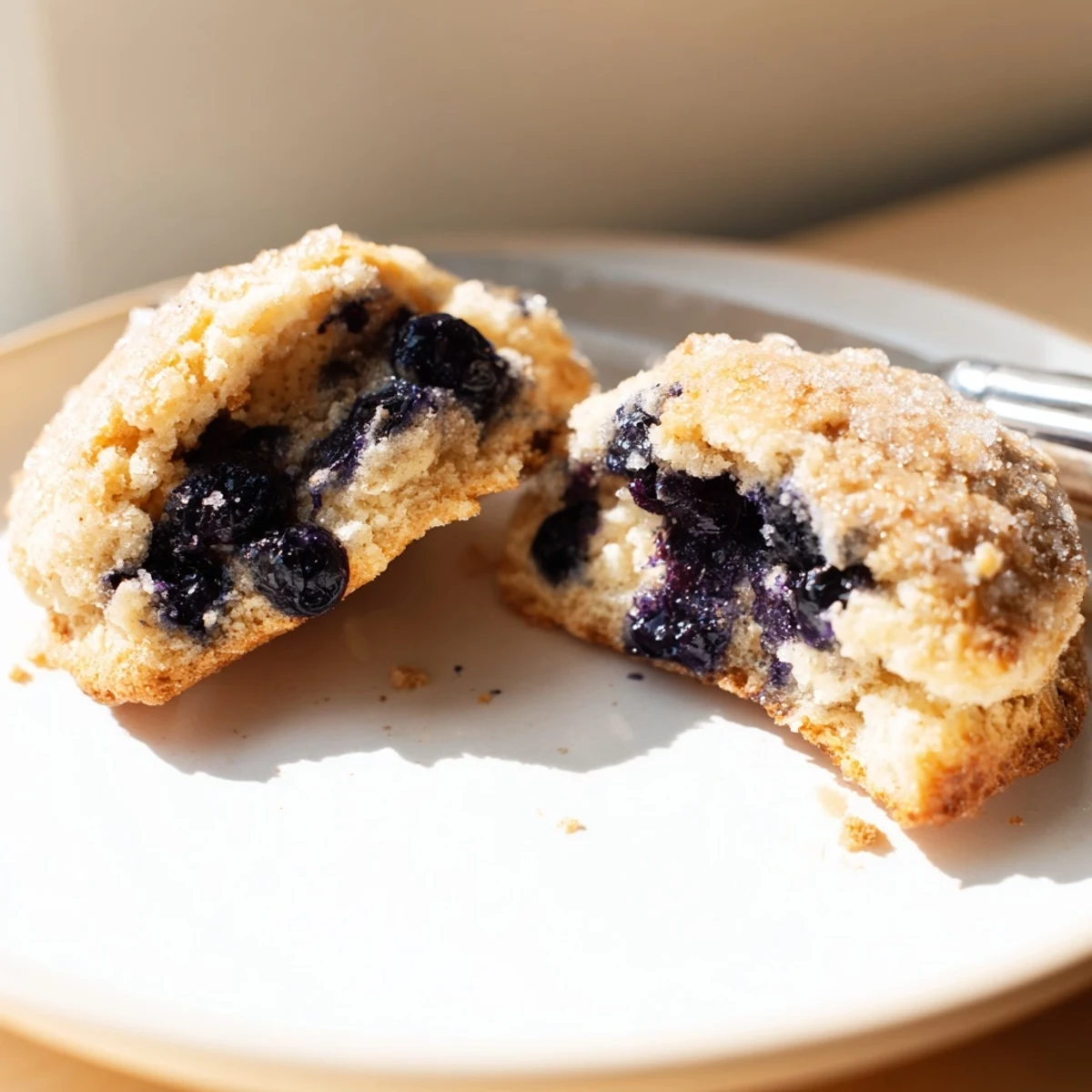 Fluffy homemade blueberry biscuits stacked high, bursting with purple berries and melting butter