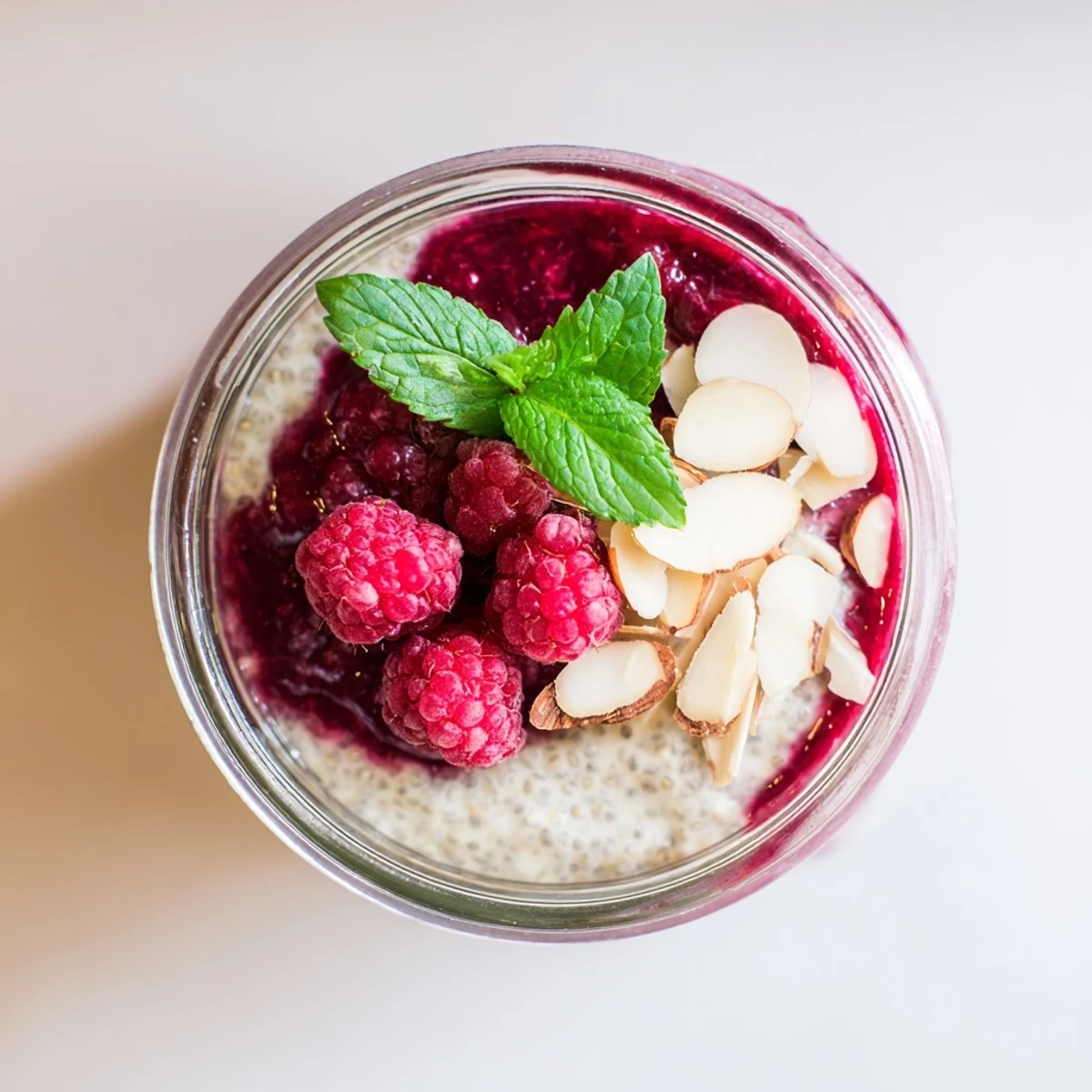 Creamy raspberry chia pudding layered in a glass with fresh berries and mint garnish