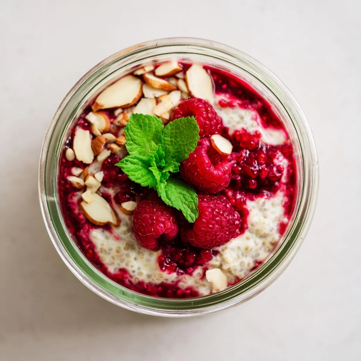 Thick raspberry chia pudding sweetened with maple syrup topped with crunchy sliced almonds