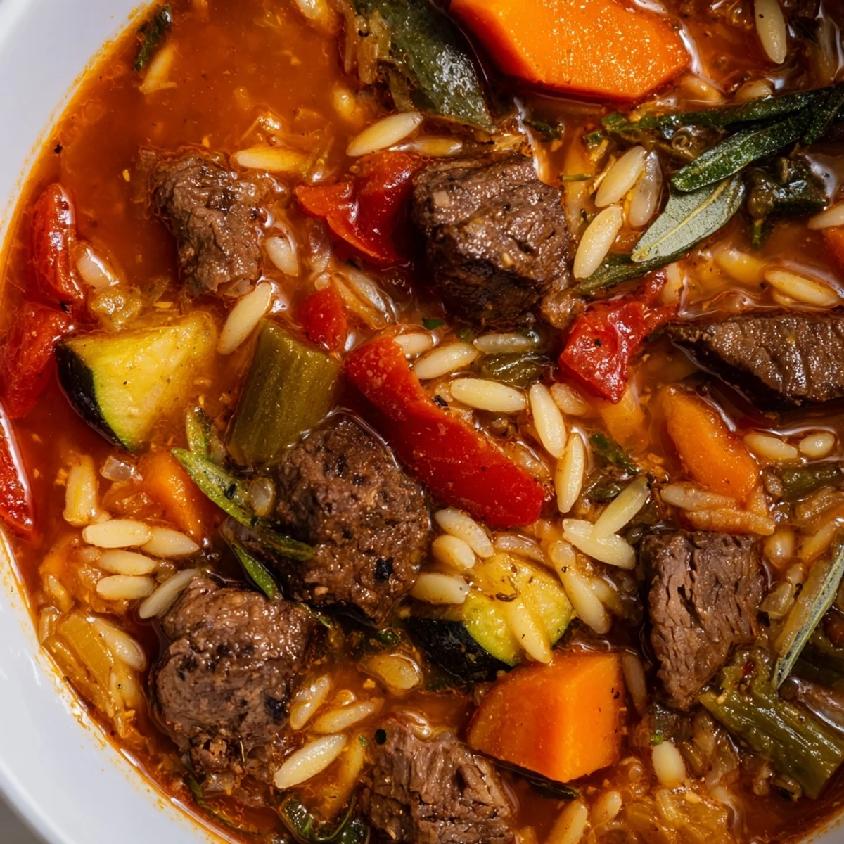 Steaming bowl of hearty beef and orzo soup garnished with fresh parsley