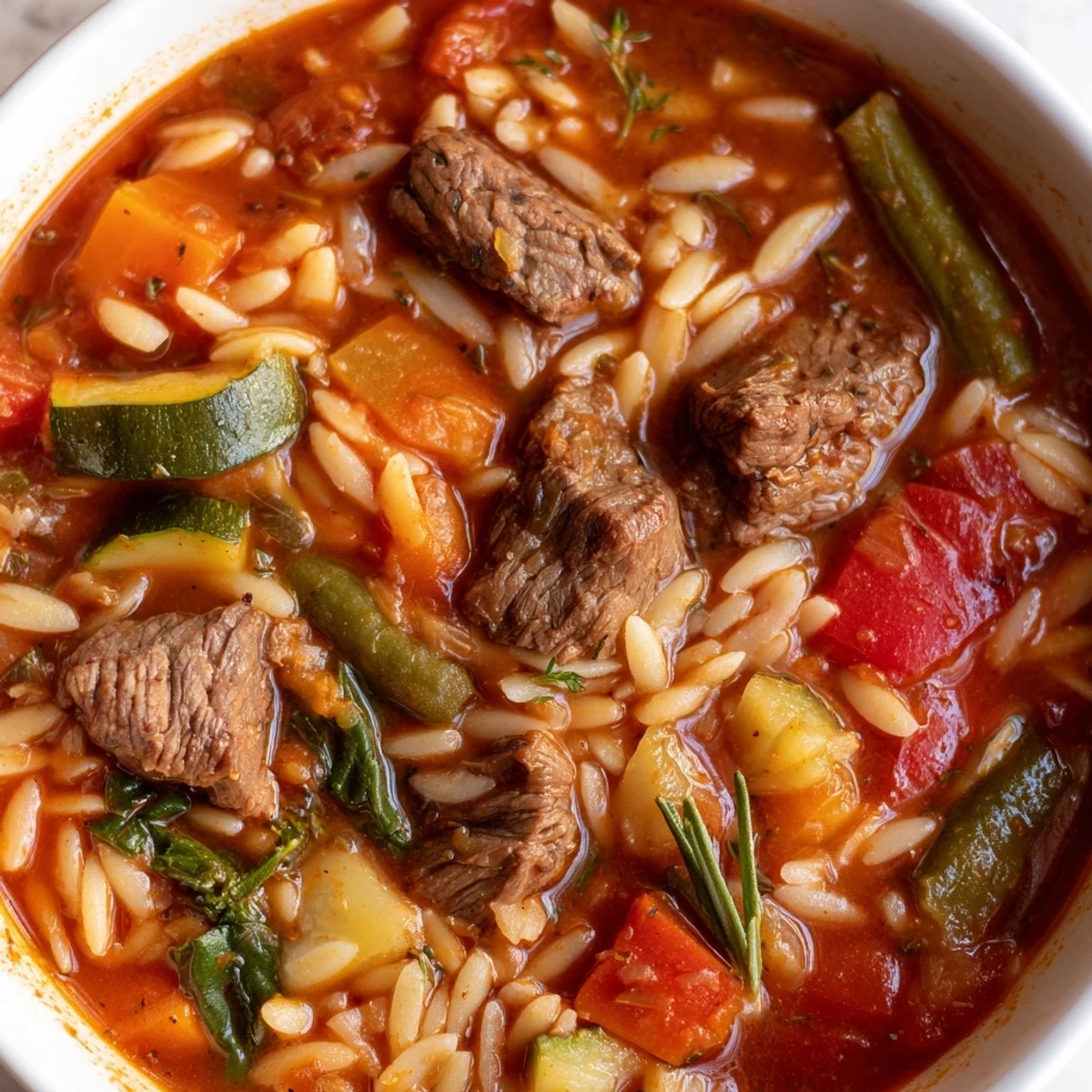 Hearty beef and orzo soup loaded with colorful garden vegetables in savory broth